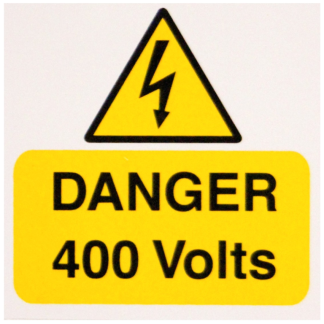 Danger 400 Volts Label 75x75mm Yellow/Black on White