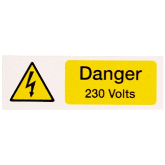 Danger 230 Volts Label 75x25mm Yellow/Black on White
