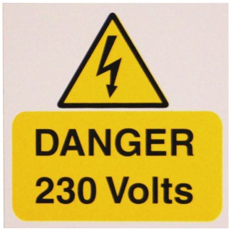 Danger 230 Volts Label 75x75mm Yellow/Black on White