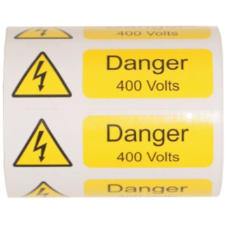 Danger 400 Volts Label 75x25mm Yellow/Black on White