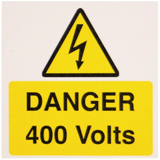 Danger 400 Volts Label 75x75mm Yellow/Black on White
