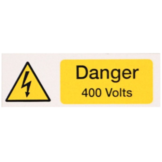 Danger 400 Volts Label 75x25mm Yellow/Black on White