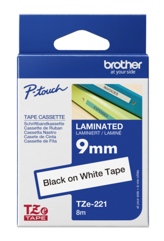 Labelling TZE Laminated Tape 9mmx8m Black on White