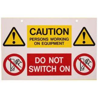 Caution Persons Working/Equipment Label 225x150mm Yellow/Red on White