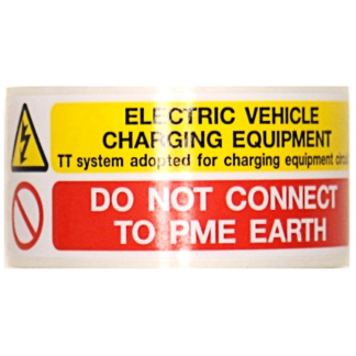 EV Charging PME Earth Label 90x30mm Yellow/Black/Red on White