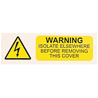 Warning Isolate Elsewhere Label 75x25mm Yellow/Black on White